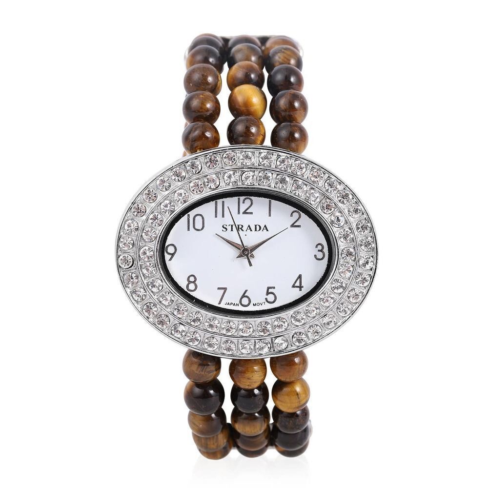 STRADAย Stretch Bracelet Austrian Crystal Watch Tiger's Eye